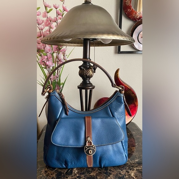 EUC - Dooney & Bourke Samba Denim Blue Pebbled Leather Logo Lock Hobo Bag